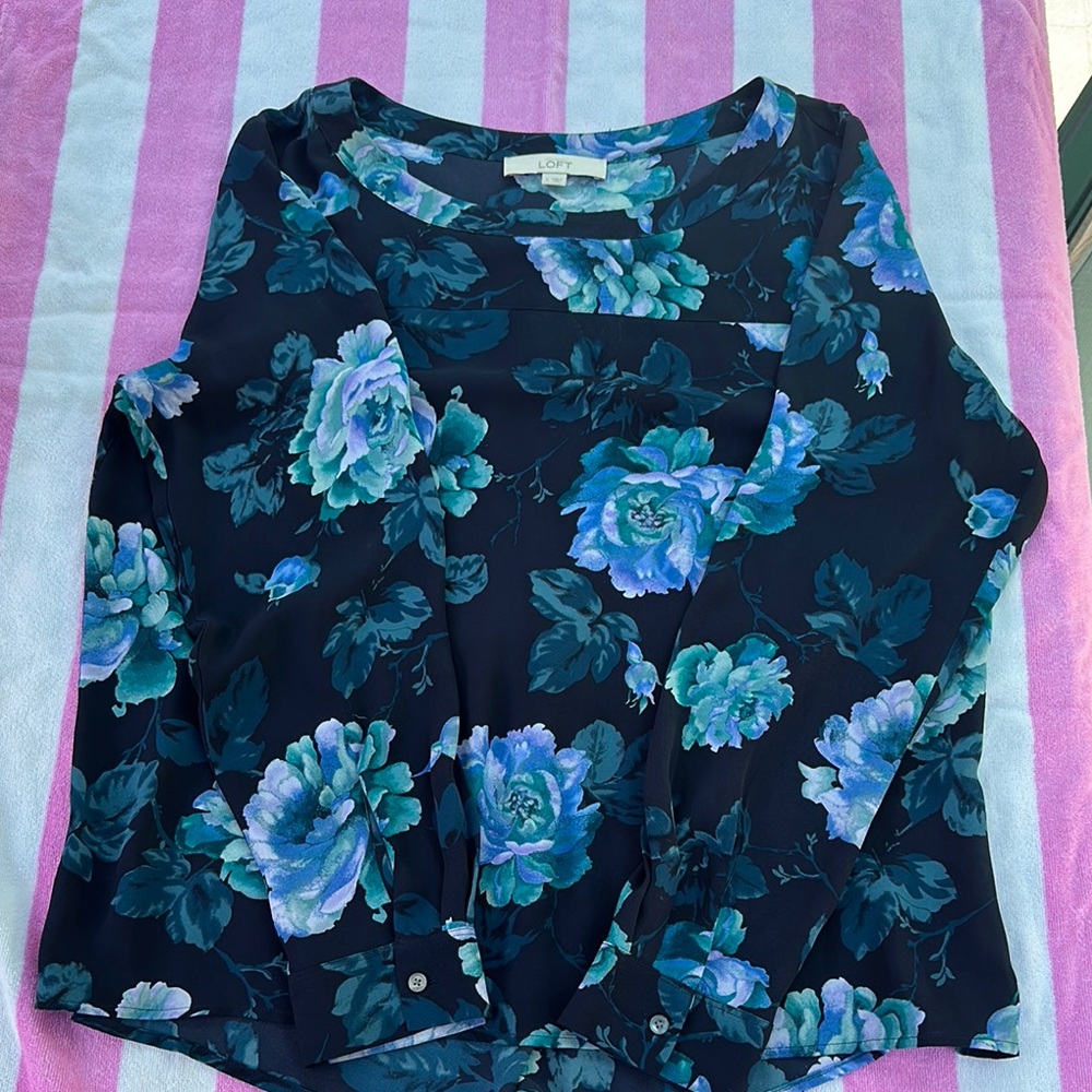 LOFT Blue 3/4 Sleeve Tie Front Blouse